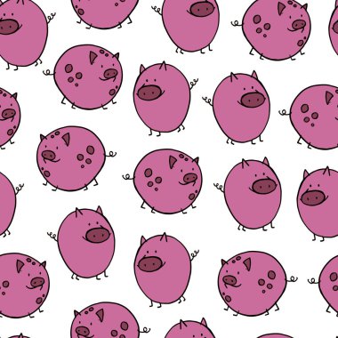 Vektör doodle karikatür domuz illüstrasyon beyaz arka plan üzerinde izole pembe renklerde dikişsiz desen