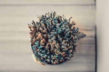 bir kova bir ahşap zemin üzerinde kurutulmuş lavanta çiçek