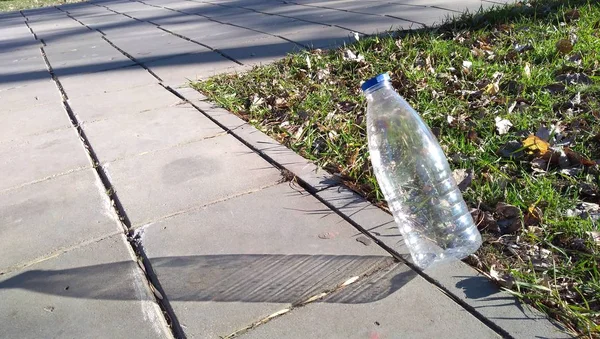 plastik şişe parkta asfalt üzerine atılır, doğa plastik atık ile doludur