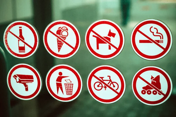 Signs Prohibition Drinking Alcohol Eating Ice Cream Dog Walking Smoking — Stock Photo, Image