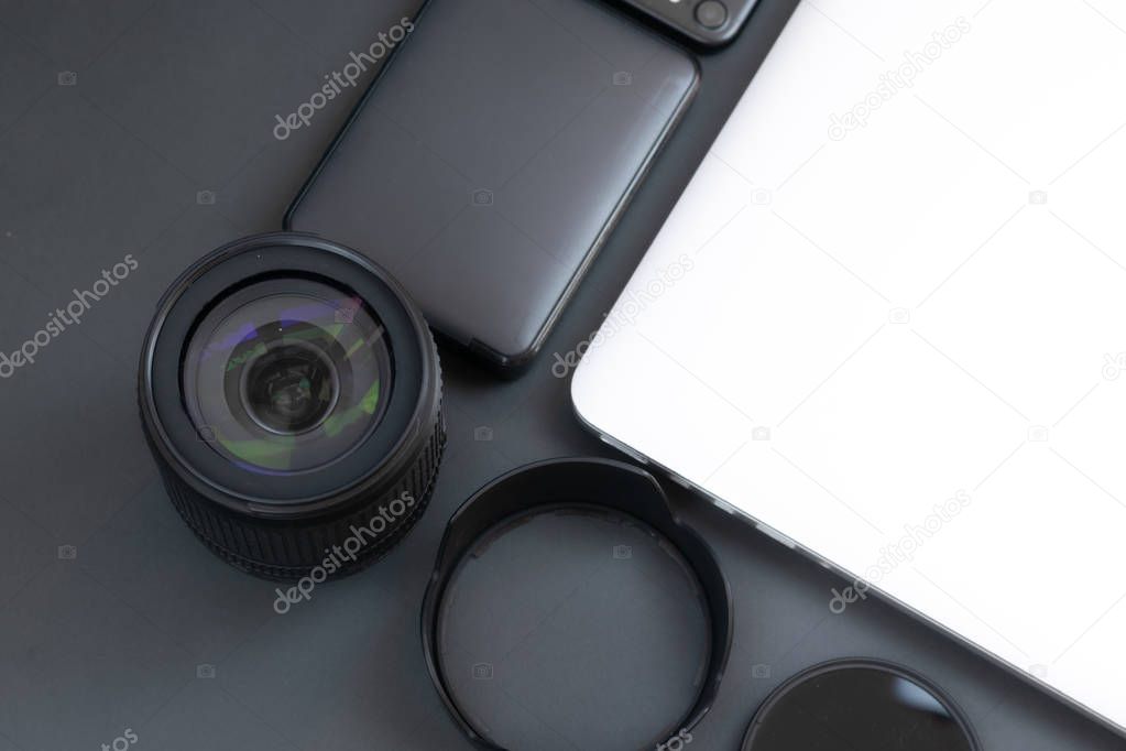 Photo equipment on the grey table