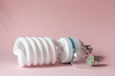 Pembe üzerine izole edilmiş beyaz ampulün yakın görünümü.