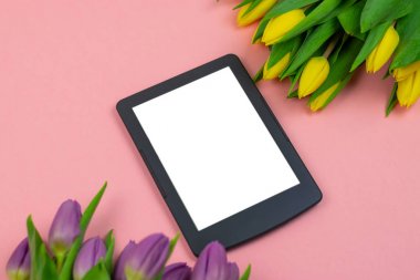 Workspace top view overhead above present advertising product on screen isolated