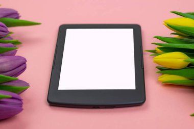 Workspace top view overhead above present advertising product on screen isolated