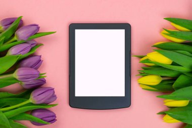 Workspace top view overhead above present advertising product on screen isolated