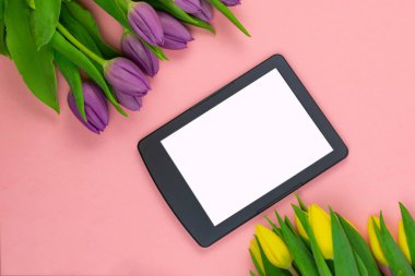 Workspace top view overhead above present advertising product on screen isolated