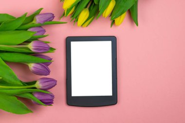 Workspace top view overhead above present advertising product on screen isolated