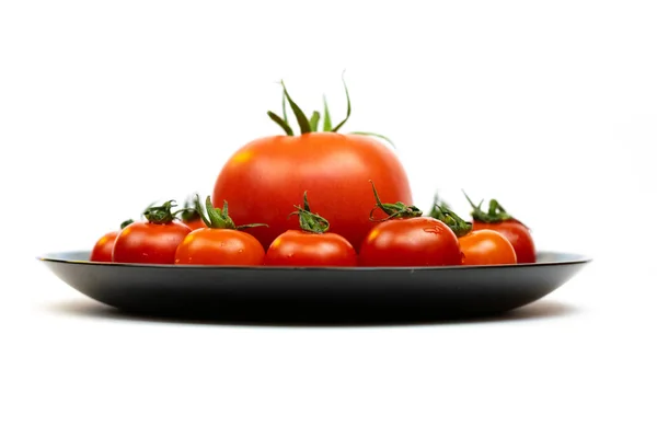白い背景に隔離された黒いプレートのトマト 白い背景に赤いトマトの組成 テキストの配置 — ストック写真