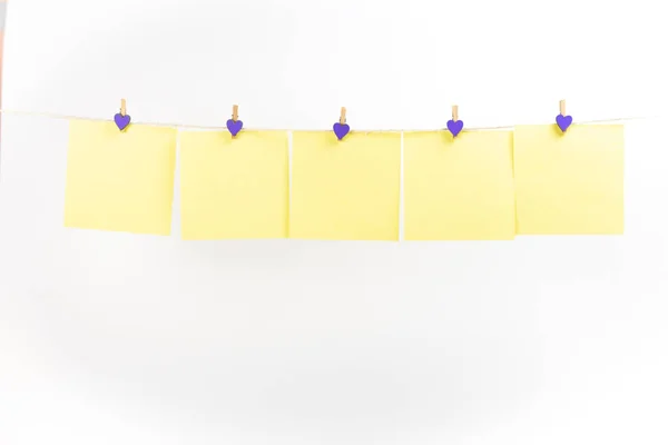 Yellow Stickers Clothesline Clothespins Isolated White Background Place Your Text — 스톡 사진
