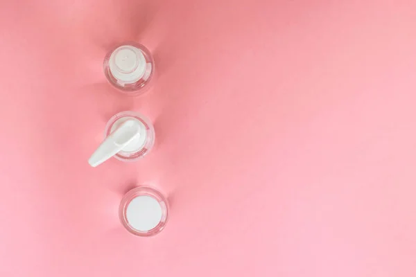 Beauty Cosmetics Glassbottle Branding Mock Top View Pastel Pink Background — Stock Photo, Image