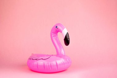 Dev şişme Flamingo üzerinde pembe bir arka plan, havuz float partisi, trendy yaz konsepti