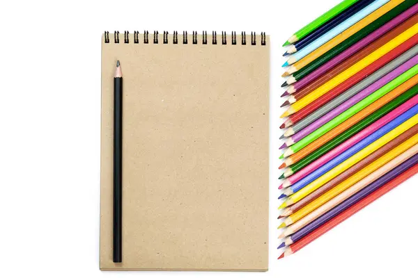 Colored Pencils Brushes Notebook Mock Artwork Watercolor Paints Branding Stationery — Stock Photo, Image