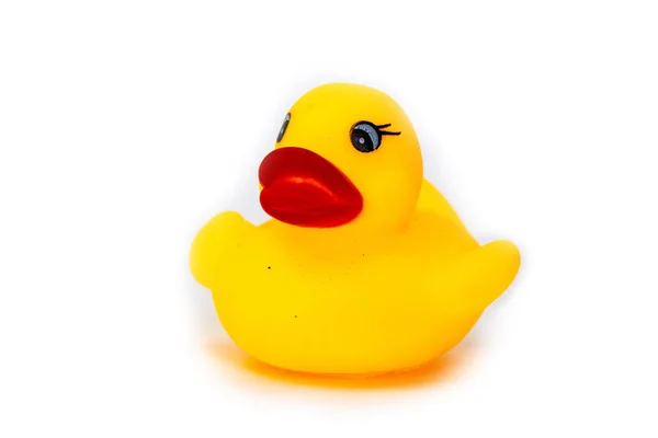 Rubber Bath Duck Isolated White Side View Yellow Rubber Duck — Stock Photo, Image