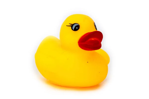 Rubber Bath Duck Isolated White Side View Yellow Rubber Duck — Stock Photo, Image