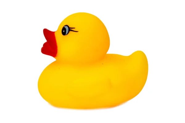 Rubber Bath Duck Isolated White Side View Yellow Rubber Duck — Stock Photo, Image