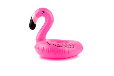 Beyaz arka planda dev şişme pembe flamingo. Havuz şamandırası partisi. Yaz konsepti.