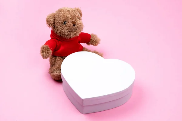 Teddy bear, white box hearts shaped, Valentines Day gift. Present for the christmas, thanks giving day, birthday holiday.