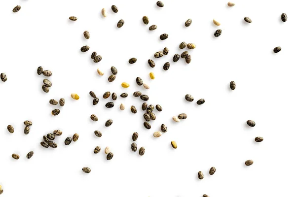 Sementes saudáveis de Chia isoladas em fundo branco. Café da manhã saudável, lanche vitamínico, dieta e conceito de alimentação saudável . — Fotografia de Stock