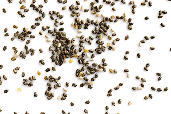 Sementes de chia de superalimento, vista superior, isolado em fundo branco. Café da manhã saudável, lanche vitamínico, dieta e conceito de alimentação saudável . — Fotografia de Stock