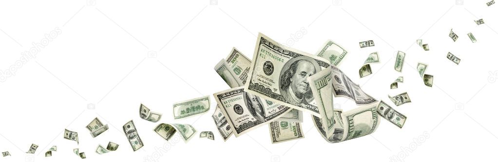 Hundred dollar bill. Falling money isolated background. American