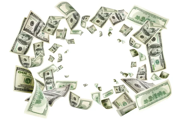 Dolar amerykański. Amerykańskich pieniędzy, spada gotówką. Latające setki dolarów — Zdjęcie stockowe