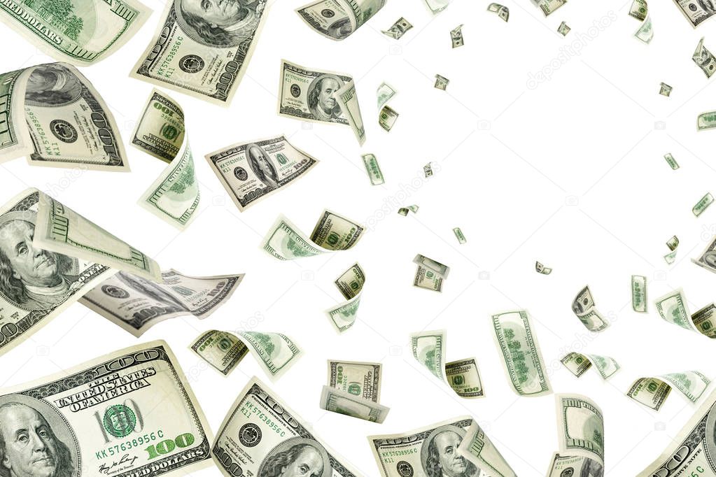 Hundred dollar bill. Falling money isolated background. American
