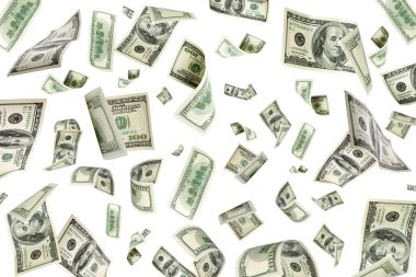 100 dolarlık banknot. Düşen para izole arka plan. Amerikan