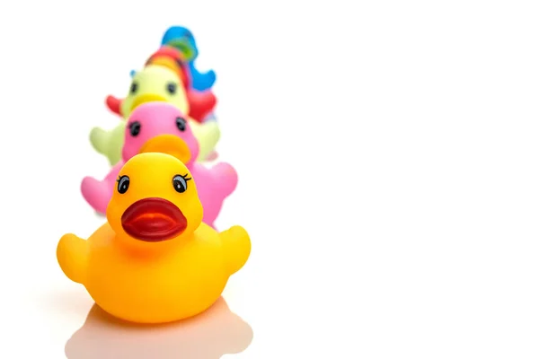 Inflatable duck. Yellow rubber toy for babe. Ducky background — Stock Photo, Image
