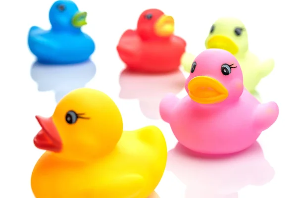 Duck toy. Rubber yellow inflatable ducky isolated on white background