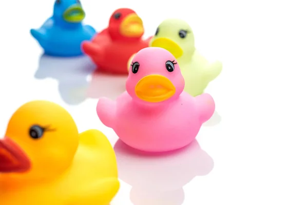 Duck background. Yellow rubber toy. Pay in pool. — Stock Photo, Image