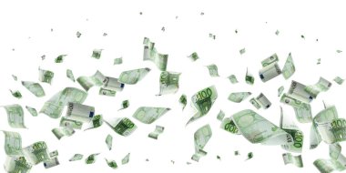 Para yığını. Düşen banknotlar. Beyaz izolasyon geçmişi üzerine Avrupa parası.