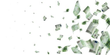 Euro money falling cash. European banknotes isolated on white background.