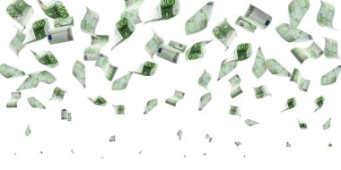 Para yığını. Düşen banknotlar. Beyaz izolasyon geçmişi üzerine Avrupa parası.