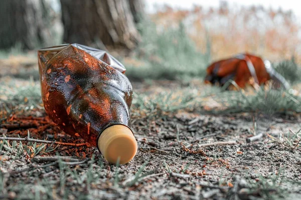 Environmental concept. Forest with trash, plastic rubbish. garbage waste in environment woodland. Ecological problem with Empty used dirty plastic bottles. — Stock Photo, Image