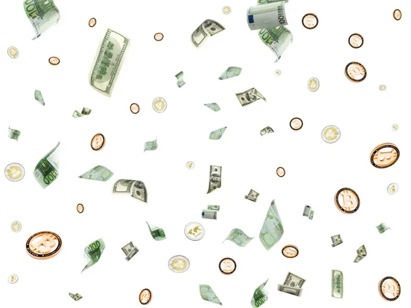 Hundra Dollar Sedel Fallande Euro Pengar Bitcoin Isolerad Bakgrund Amerikanska — Stockfoto