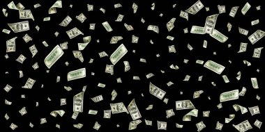 Money stack. Hundred dollars of America. Falling money isolated, us bill black background clipart