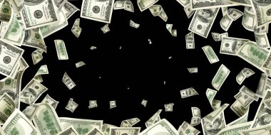 Yüz dolarlık banknot. Düşen para siyah arka planda izole edilmiş. Amerikan parası.