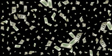 Money stack. Hundred dollars of America. Falling money isolated, us bill black background. clipart