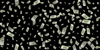 Para yığını. Amerika 'nın yüz doları. Düşen para izole edilmiş, faturalar siyah arka plan.