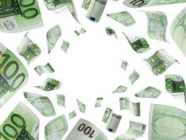 Para yığını. Düşen banknotlar. Beyaz izolasyon geçmişi üzerine Avrupa parası.