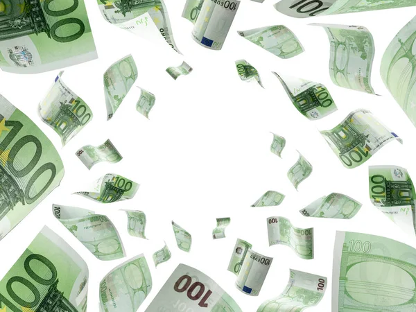 Una pila de dinero. Billetes cayendo. Dinero europeo sobre fondo de aislamiento blanco . — Foto de Stock