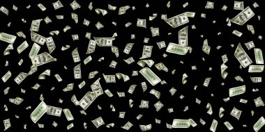 Amerikan doları. Amerikan parası, düşen para. Siyah arkaplanda 100 dolar izole uçmak.