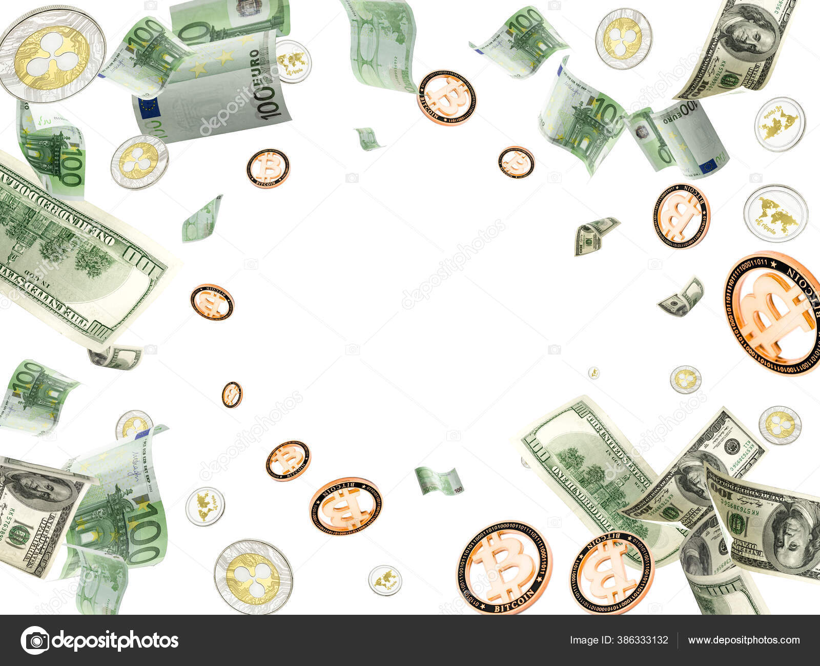 欧元货币背景。美国钞票，比特币在白色上飞舞。加密货币背景—— 库存社论照片© Mvelishchuk #386333132