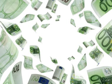 Para yığını. Düşen banknotlar. Beyaz izolasyon geçmişi üzerine Avrupa parası.