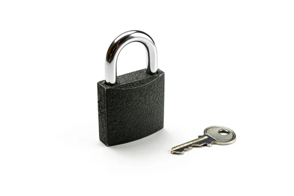 Lock isolated on white background. Security concept with metal lock pad with key. — Stock Photo, Image