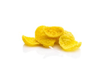 Kahvaltıyı kapat Cornflakes beyazda izole edilmiş. Mısır gevreği en iyi sütle yapılır. Vejetaryen glütensiz organik, sağlıklı diyet vejetaryen süper yiyecekler antioksidan, protein, mineral besinleri.