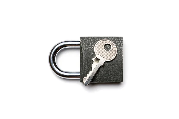 Padlock and key isolated on white background. Privacy security with metal lock pad. — Stock Photo, Image