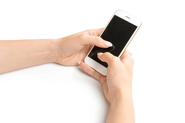 Mobile Payment Woman Holding Smartphone Female Hand Empty Blank Screen — Stock Photo, Image