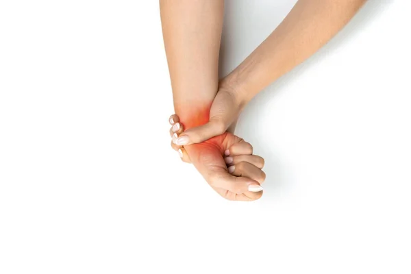 中枢神经腕管在手部疼痛 女人受伤的手腕 关节炎办公室综合征是计算机引起的 受伤的原因包括骨折 关节炎或食指 — 图库照片