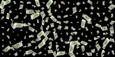 Amerikan doları. Amerikan parası, düşen para. Siyah arkaplanda 100 dolar izole uçmak